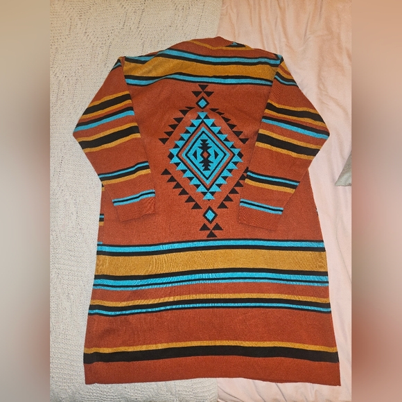 Wrangler Sweaters - Wrangler Retro Cardigan in Rust with Turquoise and Mustard Accents